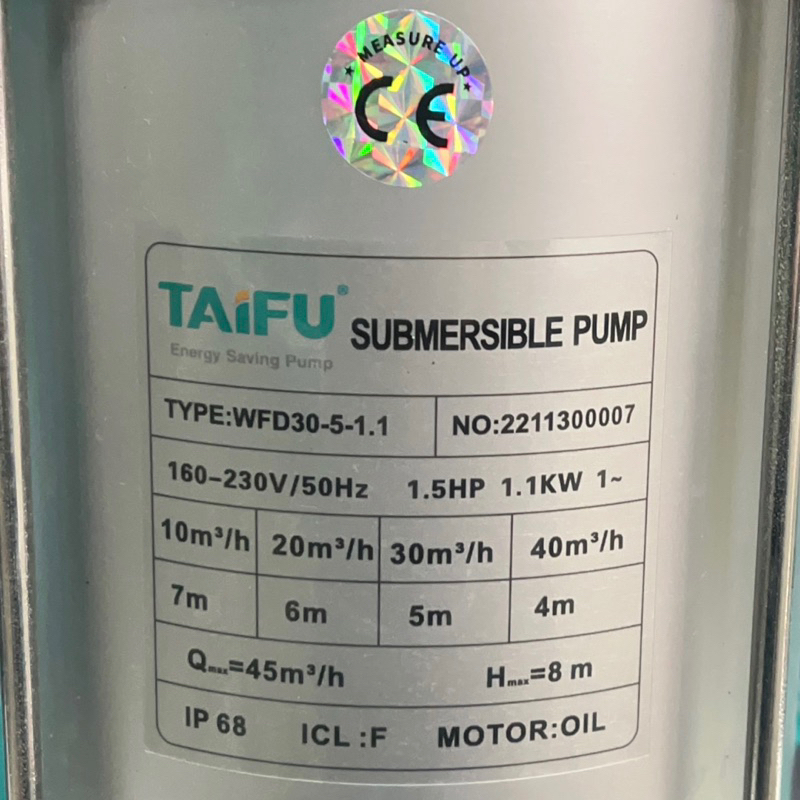 Máy bơm chìm nước thải 1.1Kw Thân INOX 304 TAIFU WFD30-5-1.1 - Bảo hành 1 năm