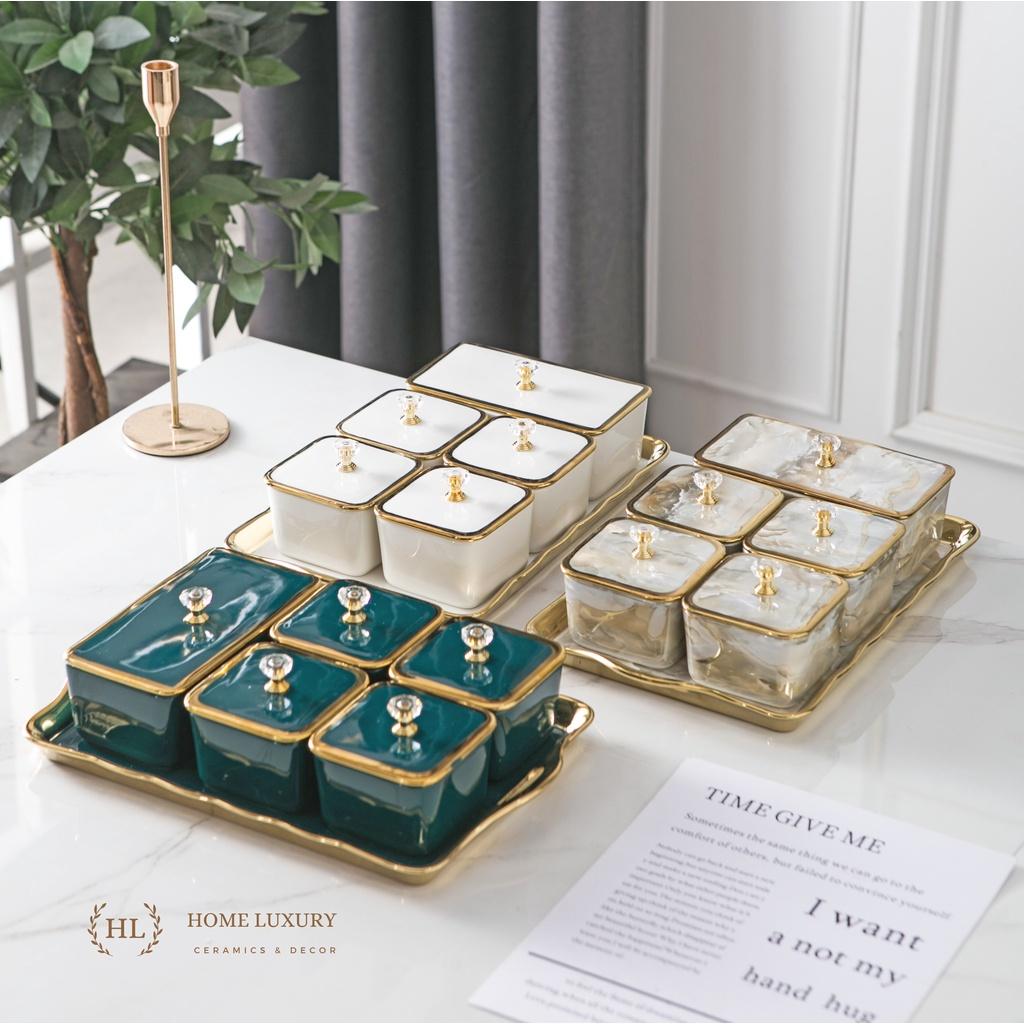 Bộ Mứt Sứ Chữ Nhật Decor Siêu Xinh | Khay đựng bánh kẹo mứt tết 5 ngăn sứ có nắp Cao Cấp Hàn Quốc