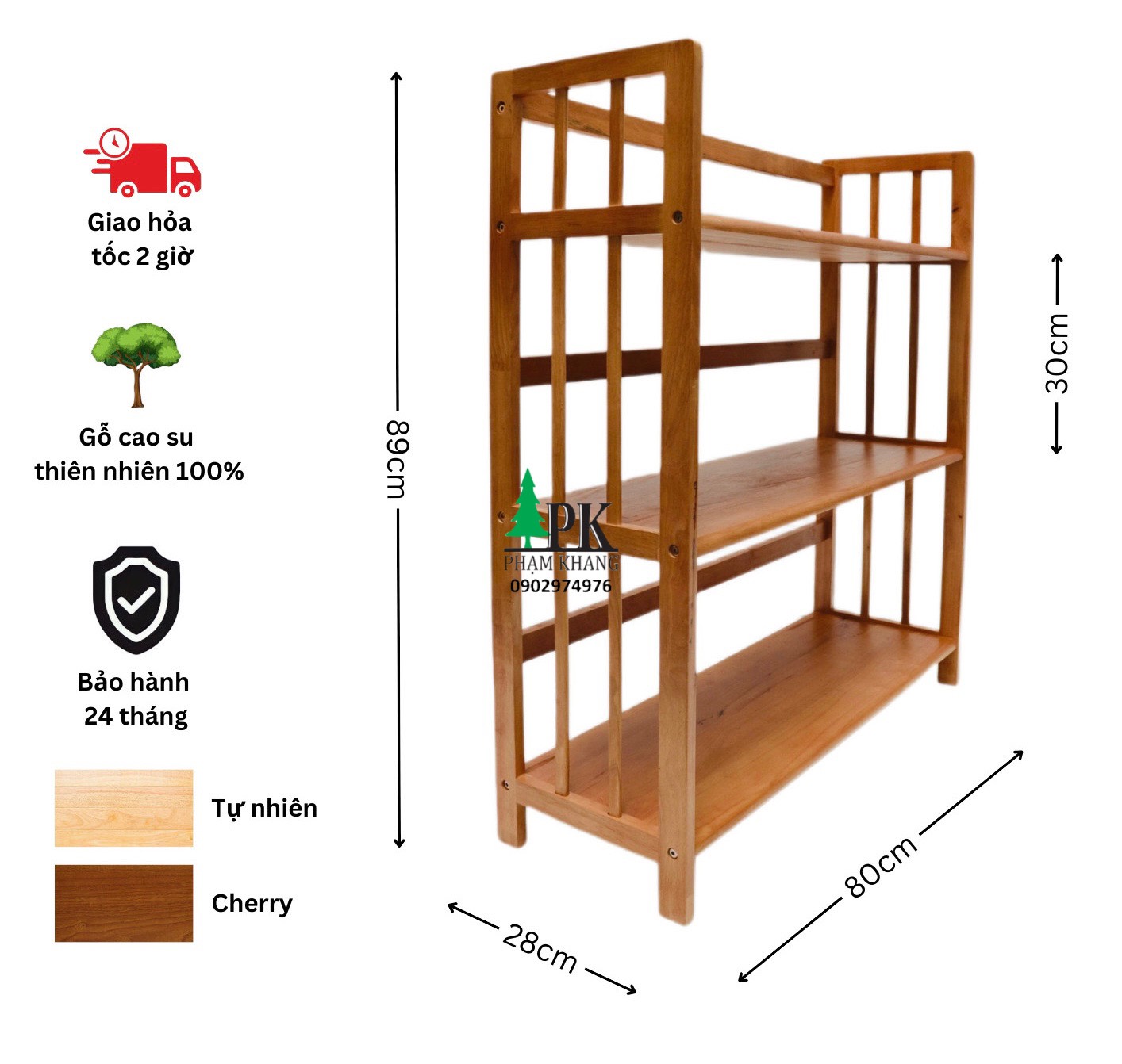 Kệ sách gỗ Phạm Khang 3 tầng rộng 80cm màu vàng cherry