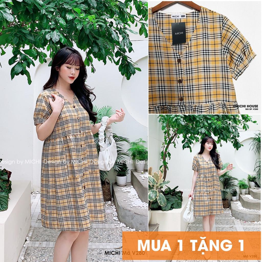 Váy suông kẻ cổ V có túi đầm chữ A dáng suông freesize, váy bầu đầm bầu rộng, mã VS280 - Michi House
