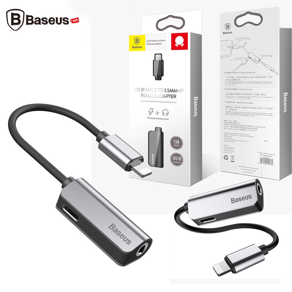 Bộ chia chuyển đổi âm thanh Baseus L32 2 trong 1 Lightning ra cổng tai nghe 3.5 mm và cổng sạc cho iphone 7,8, iphone X ( Vừa sạc vừa nghe nhạc) - Hàng chính hãng