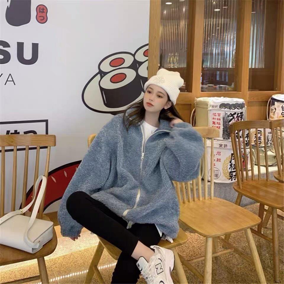 Áo Khoác Nỉ Lông Cừu Thêu Chữ CHIVI , Áo Lông Nữ Dài Tay Khóa Kéo 2 Màu