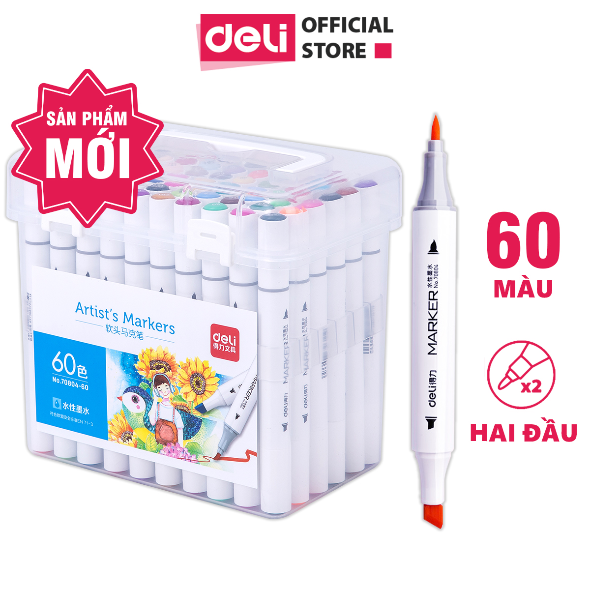 Bút màu marker thân tròn hai đầu ngòi brush Deli - Marker hộp nhựa - 12/ 24/ 36/ 48/ 60 Màu - 70804