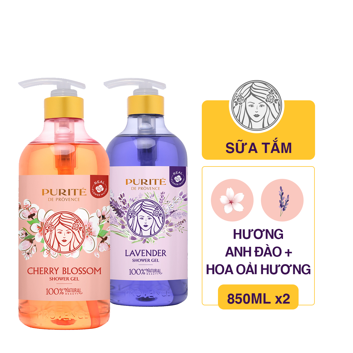 Combo 02 Chai Sữa Tắm Purité 850ml (Hoa Oải Hương + Hoa Anh Đào)