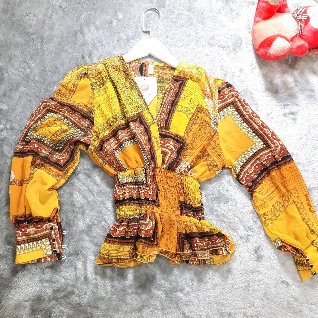Áo nữ trung niên vải voan nhúng eo tay dài