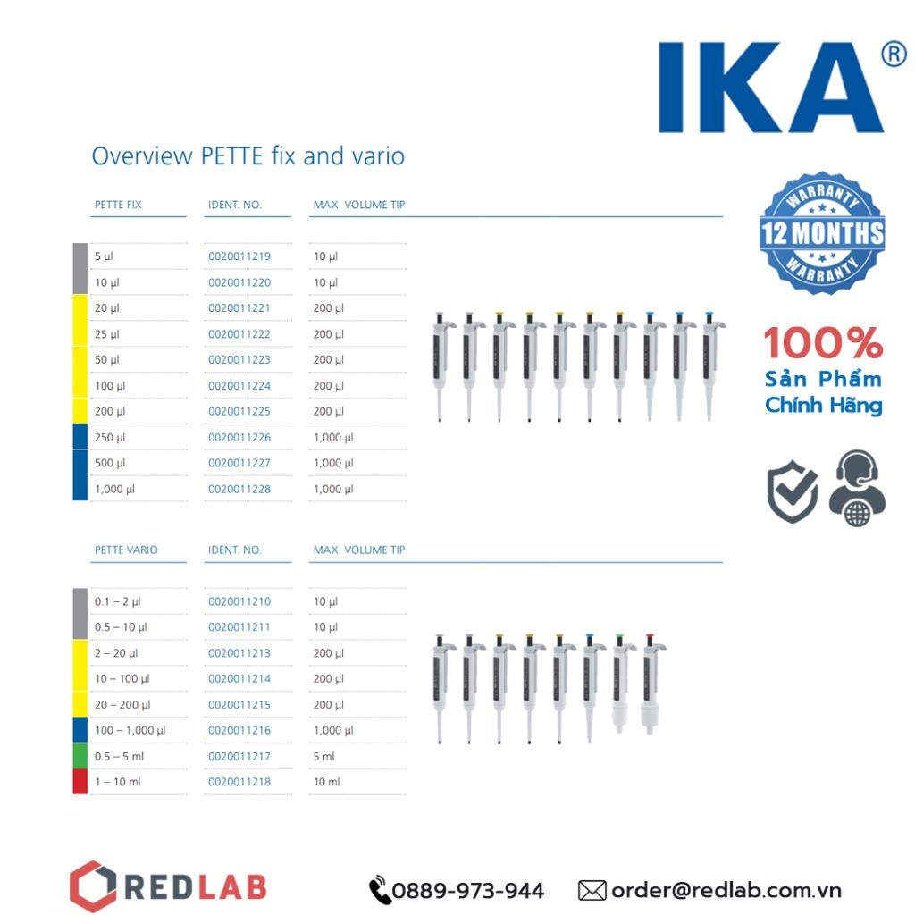 Dụng cụ hút mẫu lỏng Micropipet IKA Đức 0.1-2µl, 0.5-10µl, 2-20µl, 10-100µl, 20-200µl, 100-1000µl, 0.5-5ml, 1-10ml