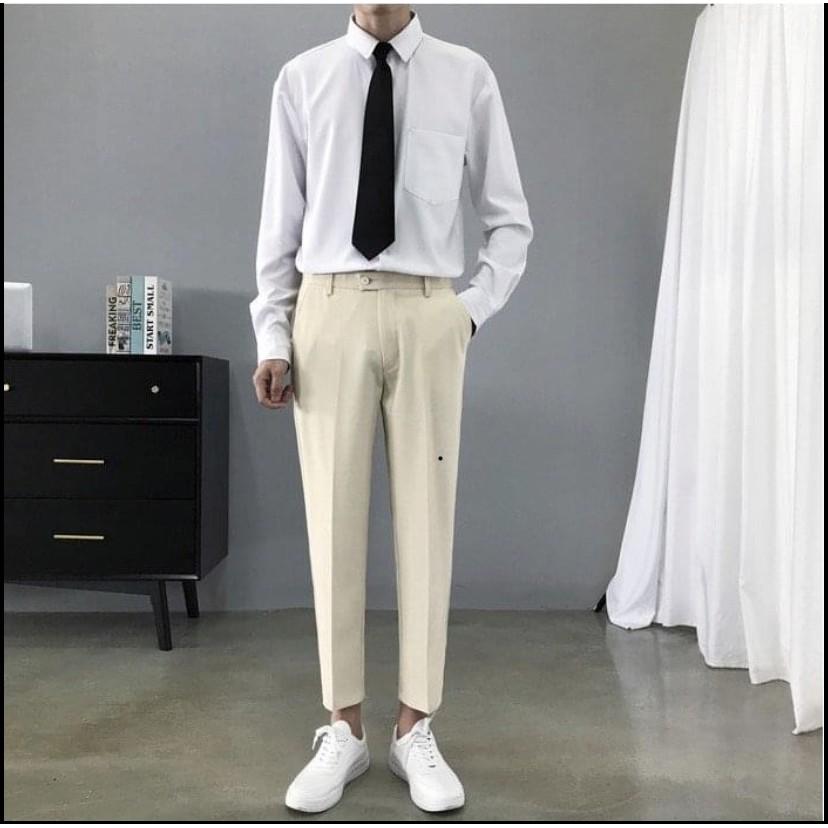 Quần tây nam màu trắng sữa dáng ôm body, phom chuẩn hàn quốc, lên dáng siêu ngầu giá cả cạnh tranh