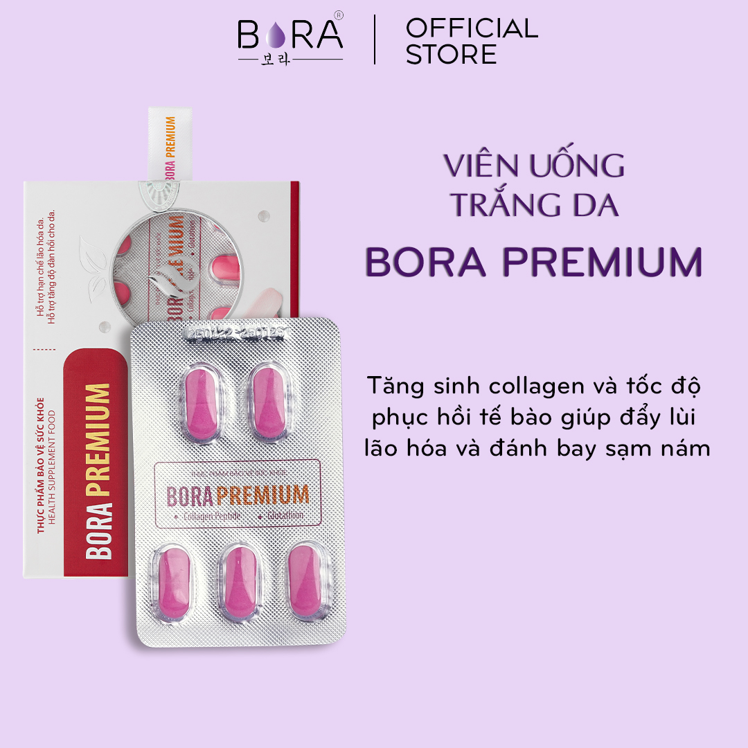 Viên uống trắng da Bora Premium giúp trẻ hóa và sáng mịn làn da hộp 4 vỉ 20 viên