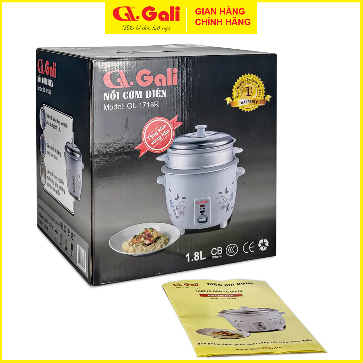 Nồi cơm điện nắp rời Gali 1.8 lít, đa chức năng nấu hấp, luộc, hàng nhập khẩu bảo hành 12 tháng chính hãng.