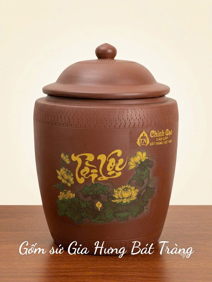 Hũ sành đựng gạo vẽ sen gốm Gia Hưng Bát Tràng