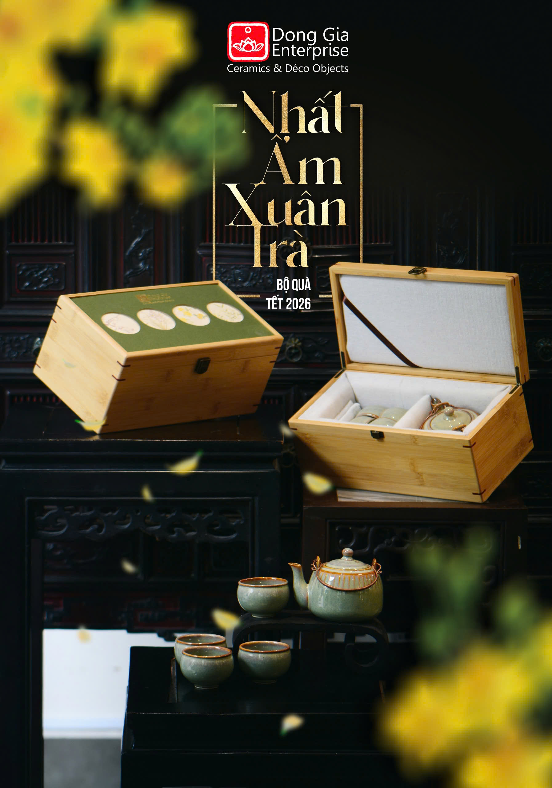 Bộ QT hộp tre ấm mùa xuân nhỏ + 04 chén DG24 (Men 0037) - Đông Gia