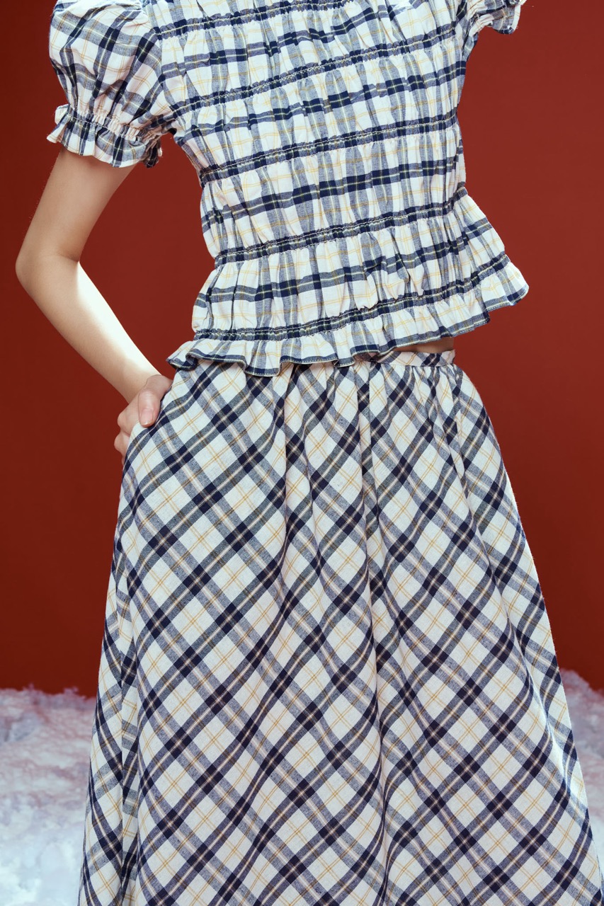 DOTTIE - Chân váy midi kẻ ô - Xanh đen - S0253
