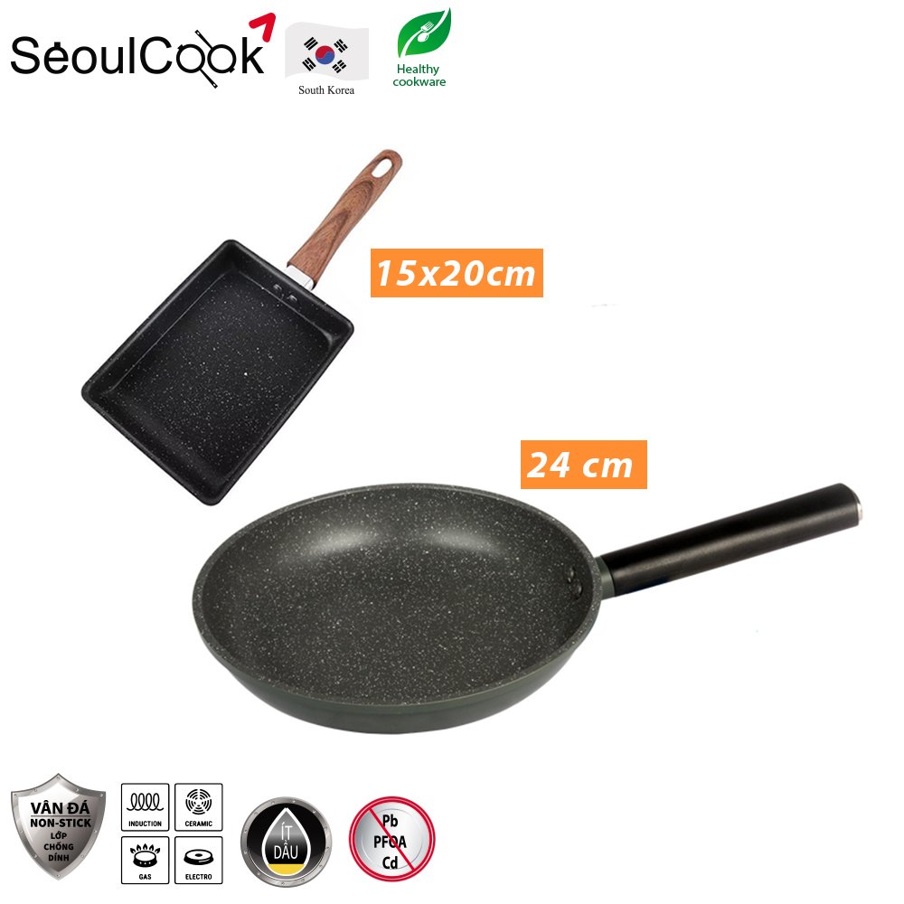 Bộ 2 chảo SH5 đáy từ/ Induction, chảo 24cm + chảo vuông 15x20cm đáy từ/ Induction Seoulcook Hàn Quốc, dùng được tất cả các loại bếp – Hàng chính hãng