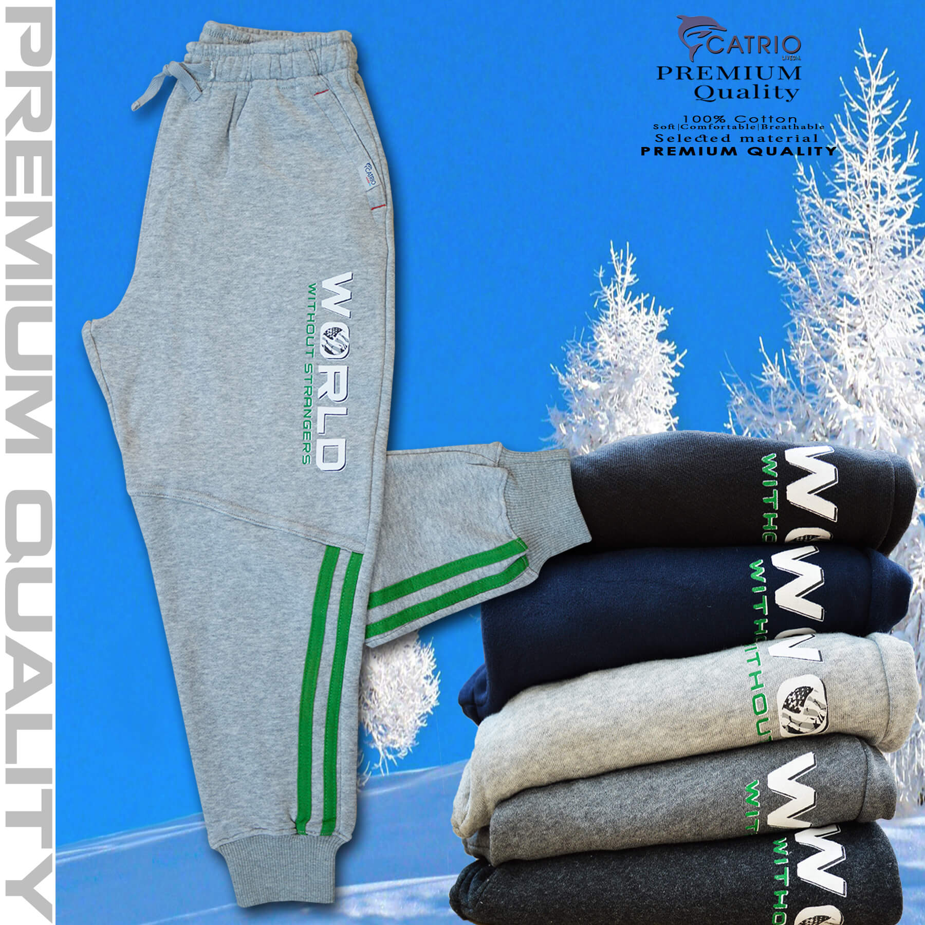 Quần dài bé trai vải 100% cotton in WORLD màu XÁM NHẠT là quần nỉ trẻ em CATRIO từ 9 tuổi đến 18 tuổi phù hợp thời tiết se lạnh mùa thu đông với kiểu dáng thể thao tuyệt đẹp