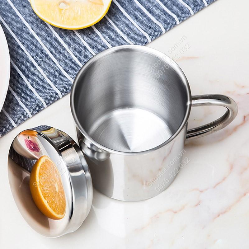 CỐC BẰNG INOX 304 LOẠI 2 LỚP CHỐNG NÓNG 280ML, CÓ NẮP ĐẠY 2 LỚP