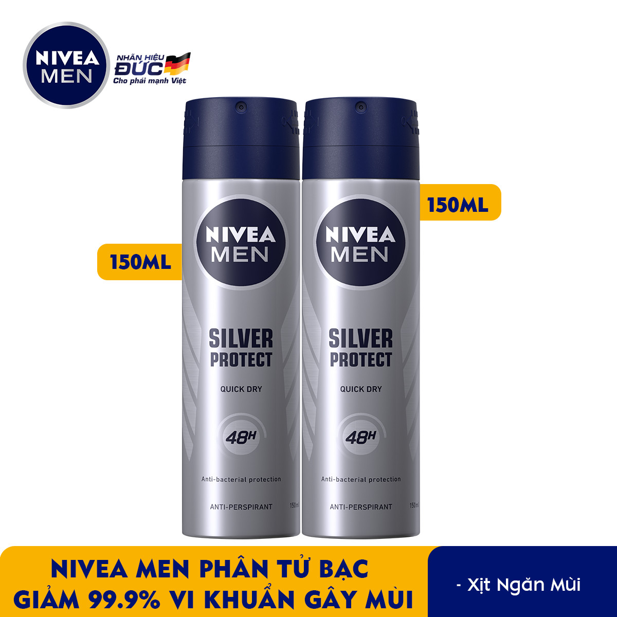 Bộ đôi Xịt Ngăn Mùi NIVEA MEN Silver Protect Phân Tử Bạc Giảm 99.9% Vi Khuẩn Gây Mùi (150ml) - 82959