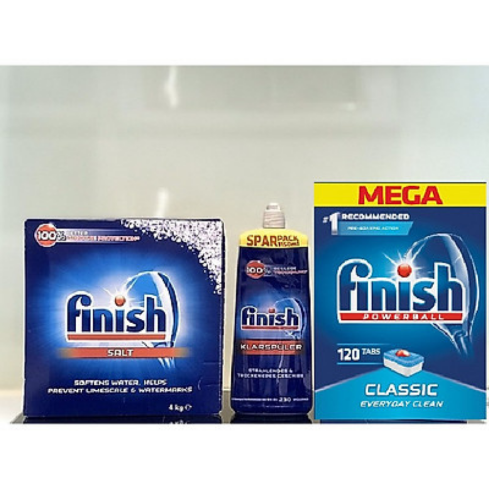 Combo muối rửa bát finish 4kg+nước làm bóng finish 1150ml+viên rửa bát finish 120 viên dùng cho Máy rửa bát