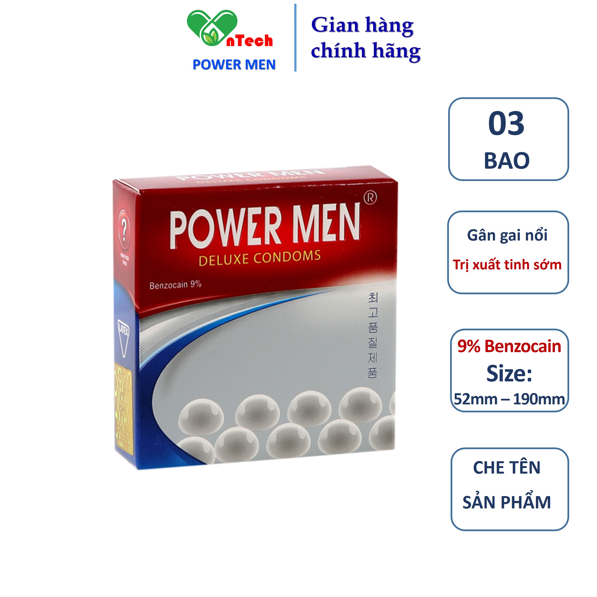 Bao cao su POWER MEN LONGER PLUS siêu mỏng gân gai nổi kéo dài thời gian 9% Benzocain chống xuất tinh sớm hộp 12 chiếc