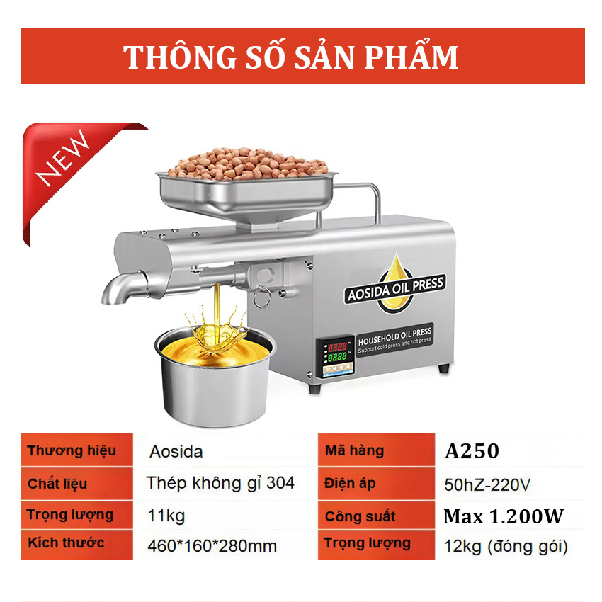 Máy ép dầu thực vật nóng và lạnh dùng trong gia đình thương hiệu Anh Quốc cao cấp AOSIDA A250 - Hàng Chính Hãng