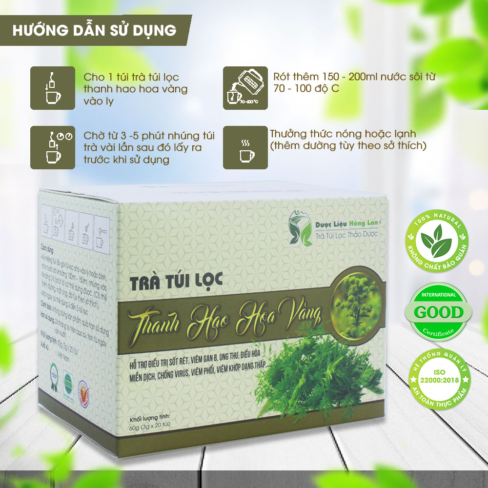 Trà Thanh Hao Hoa Vàng túi lọc hộp 60g Dược Liệu Hồng Lan - Hỗ trợ điều trị sốt rét, Viêm Gan B, ung thư, điều hòa miễn dịch, chống virus, viêm phổi, Viêm khớp dạng thấp,....