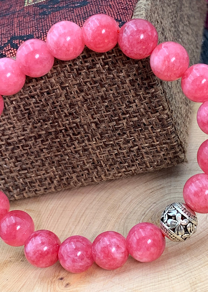 Vòng Đá Thạch Anh Hồng Vân 8 Ly Charm Bi Bạc Thái