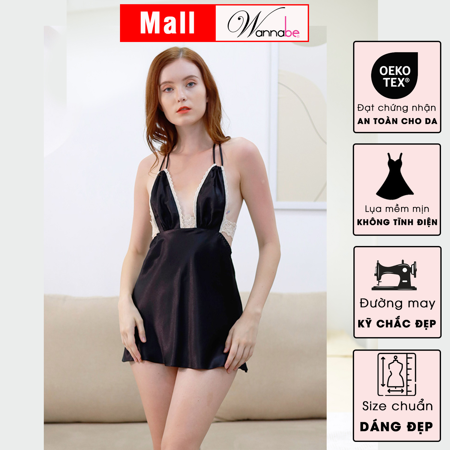 Đầm ngủ WANNABE DNS60 váy ngủ 2 dây cut-out khoe lưng trần sexy thắt nơ xinh xắn mang lại vẻ quyến rủ cho người mặc