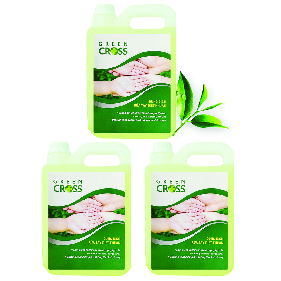 Combo 3 can Nước Rửa Tay Khô Diệt Khuẩn Green Cross Hương Trà Xanh Can 5L + TẶNG 6 chai Nước Xả Vải VEL 800ml Hương Thanh Khiết cho bé