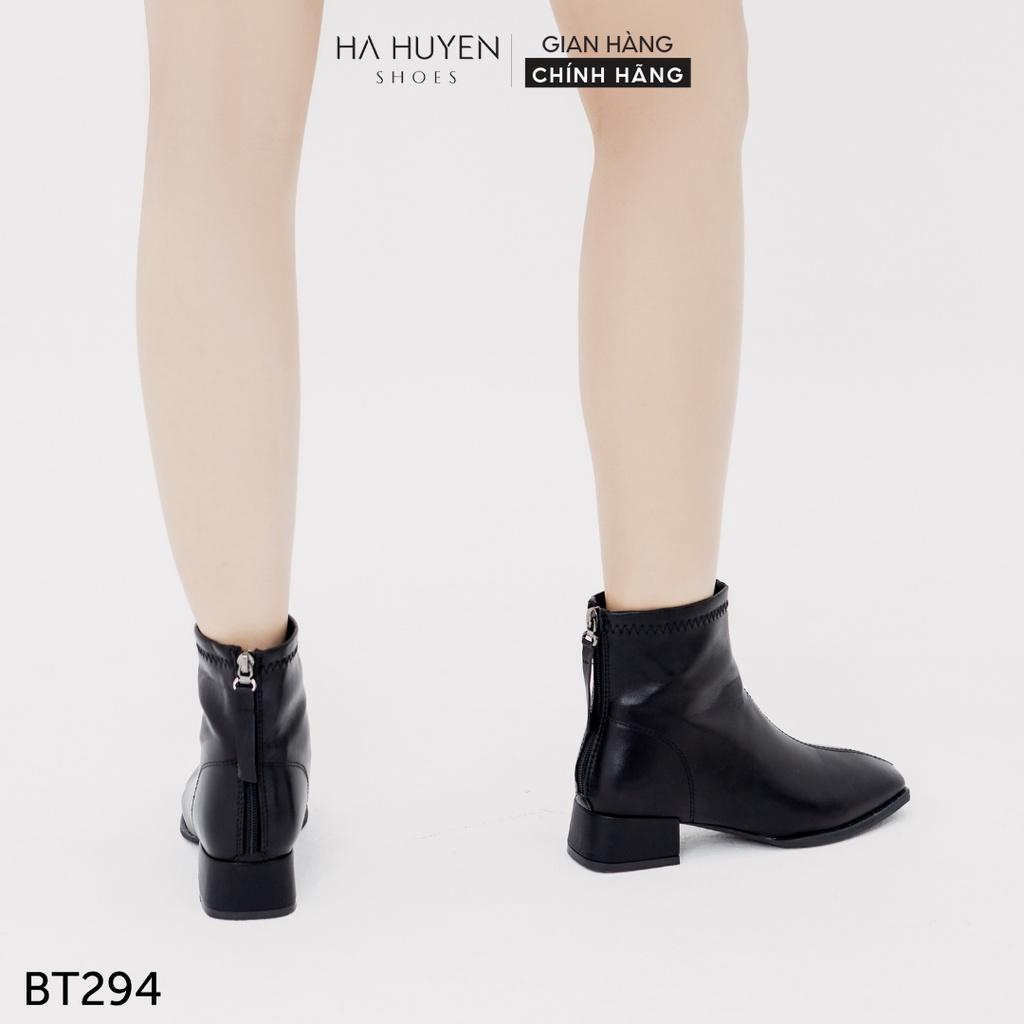 Giày boot nữ Hà Huyền Shoes bốt da mũi vuông cổ thấp khóa sau gót vuông 3 phân - BT294