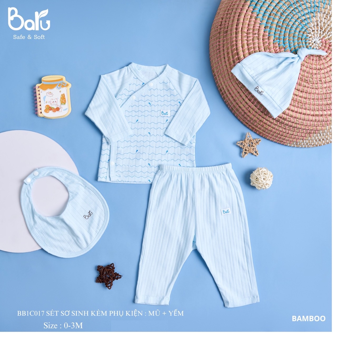 Bộ sơ sinh  BARU cotton dài tay,cài lệch kèm phụ kiện thời trang trẻ em ( 0-3m )