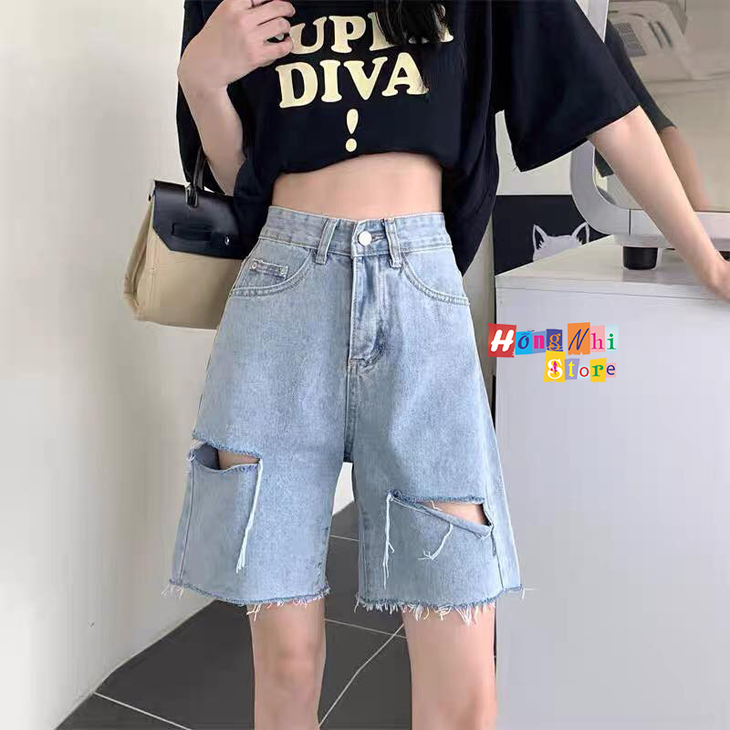 Quần Short Jean Ngố Đùi Rách Gối Cạp Cao Ống Rộng Ulzzang - MM