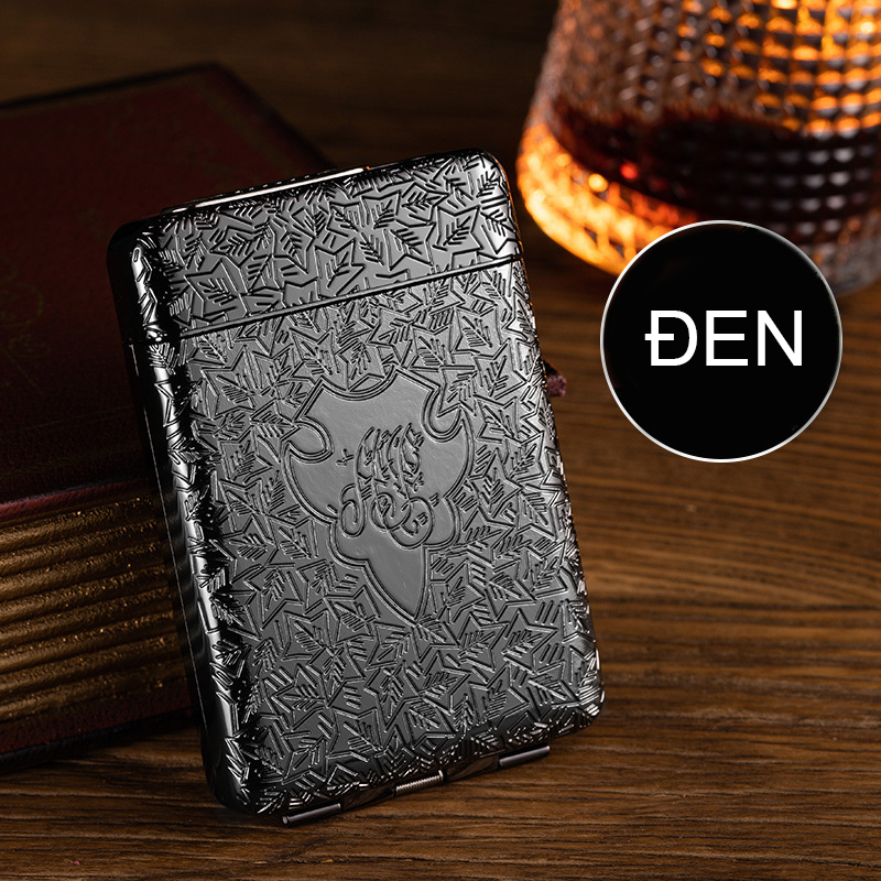 Bật Lửa Điện Kiêm Hộp Đựng Thuốc 16 Điếu Lớn Ngắn Đồng Thau Hoa Văn Cổ