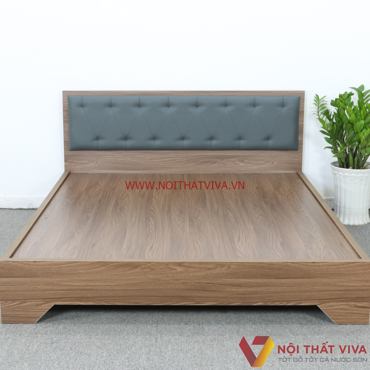 Giường Ngủ Gỗ MDF Phủ Melamine Bọc Nệm Xanh Đậm Chân Cao Màu Nâu