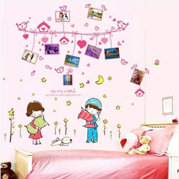 BỘ COMBO DECAL GHÉP ĐÔI TRANG TRÍ - Khung Dây ảnh hồng kết hợp Bé Gái Trai ngủ ngon