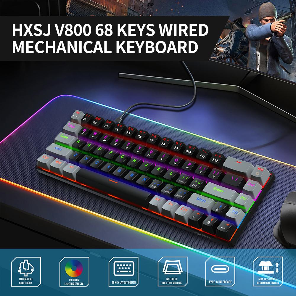 HXSJ V800 Wired Mechanical Keyboard 68 Keys RGB Gaming Keyboard with Detachable Type-C Cable ABS Keycap