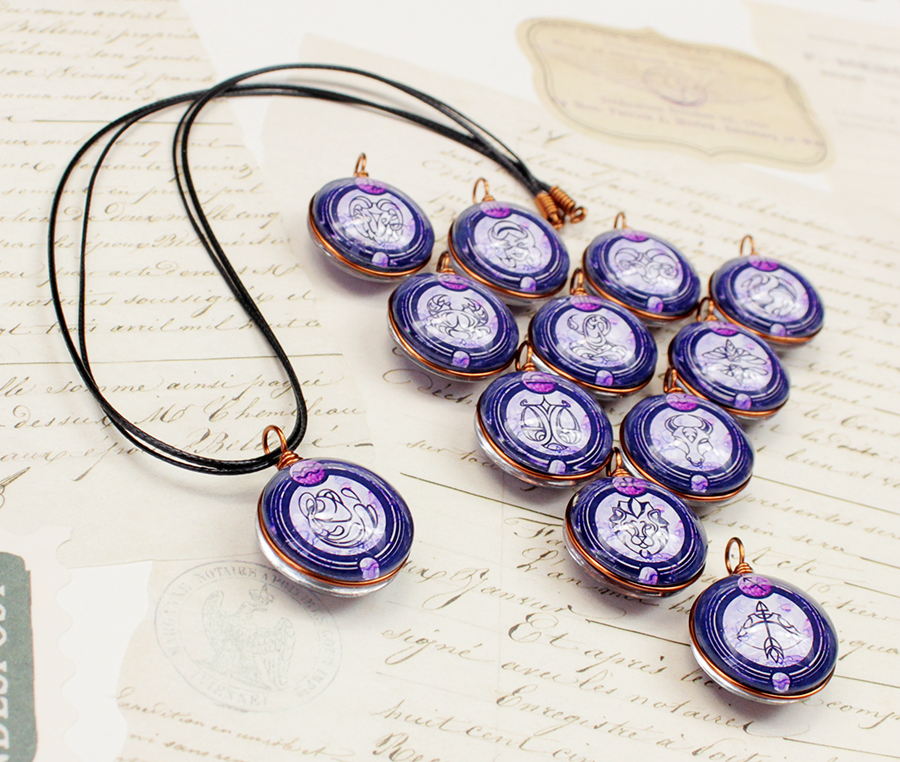 Dây chuyền 12 cung hoàng đạo Zodiac tông tím phong cách vintage đẹp 06647-DC20M0016