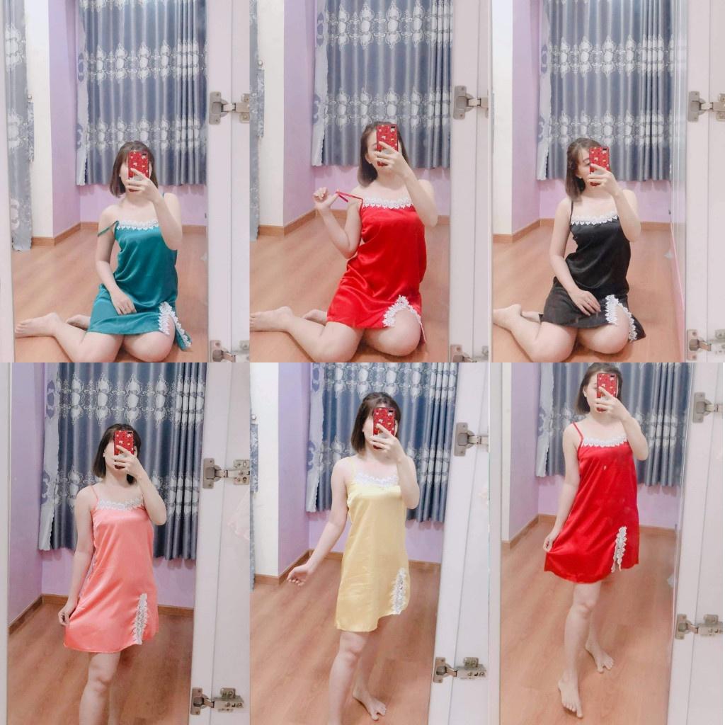 Đầm ngủ 2 dây sexy gợi cảm bigsize, váy ngủ nữ lụa satin phối ren mặc mát thoải mái