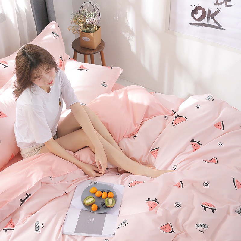 Bộ chăn ga gối cotton LIDACO PL1 - Dưa Hấu Hồng - TẶNG VỎ GỐI ÔM