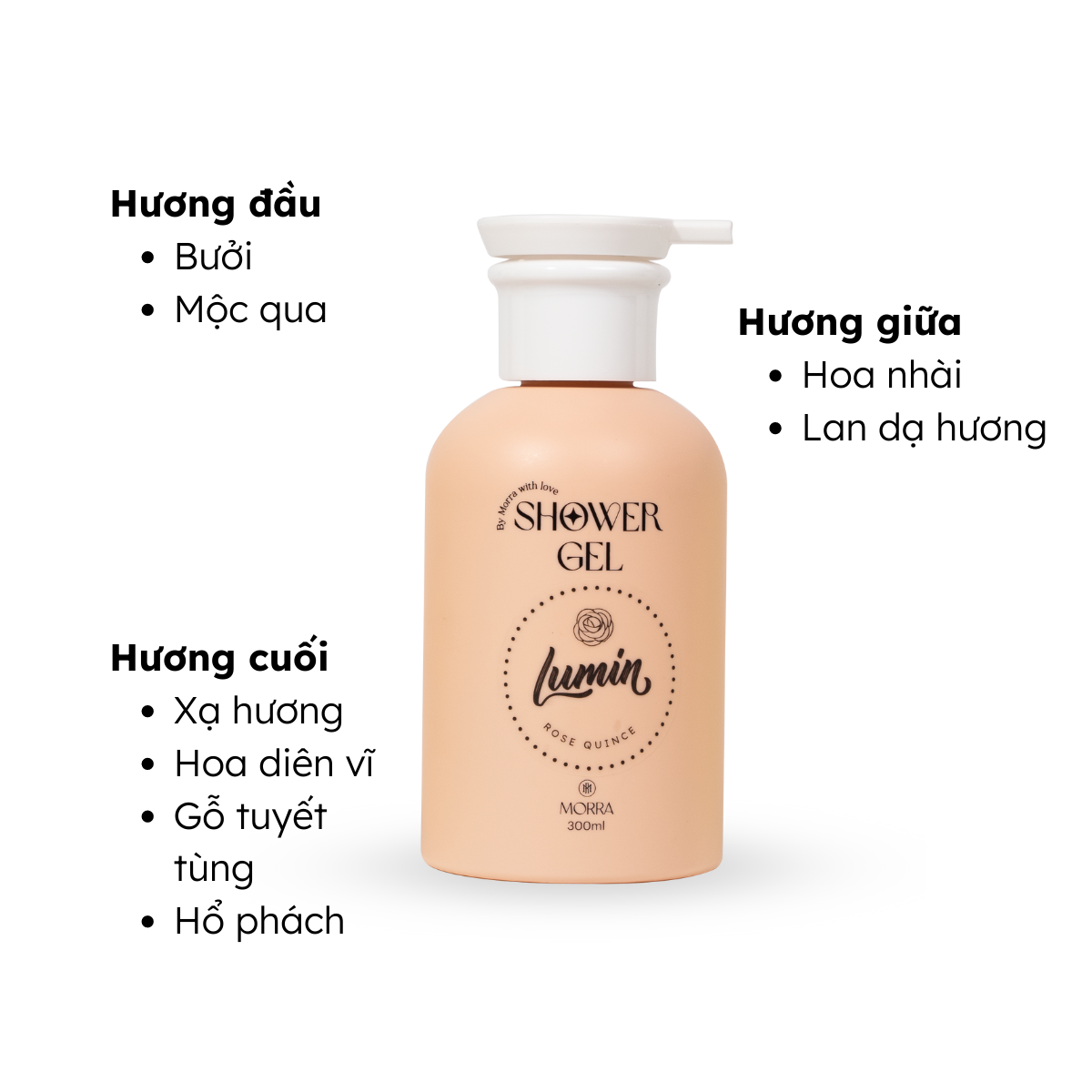 Sữa tắm Morra Lumin Rose Quince, dưỡng ẩm hương nước hoa hồng, hoa nhài - dạng gel 300ml