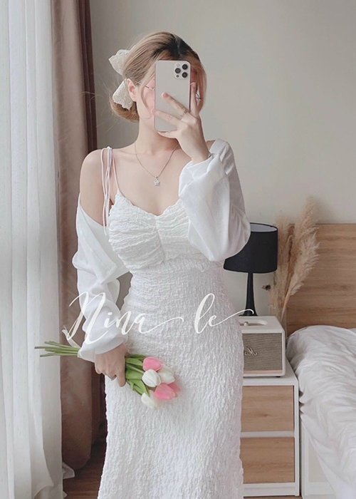 Set Áo Khoác Kèm Đầm Xốp 2 Dây 2 Lớp Thời Trang