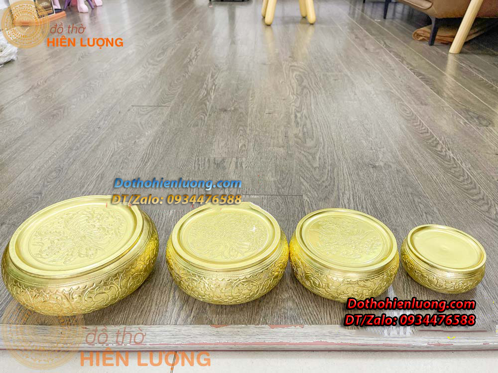 Cơi Đựng Trầu - Âu Trầu Hoa Văn Màu Vàng Bằng Đồng Nguyên Chất Các Cỡ - Đồ Thờ Hiên Lượng