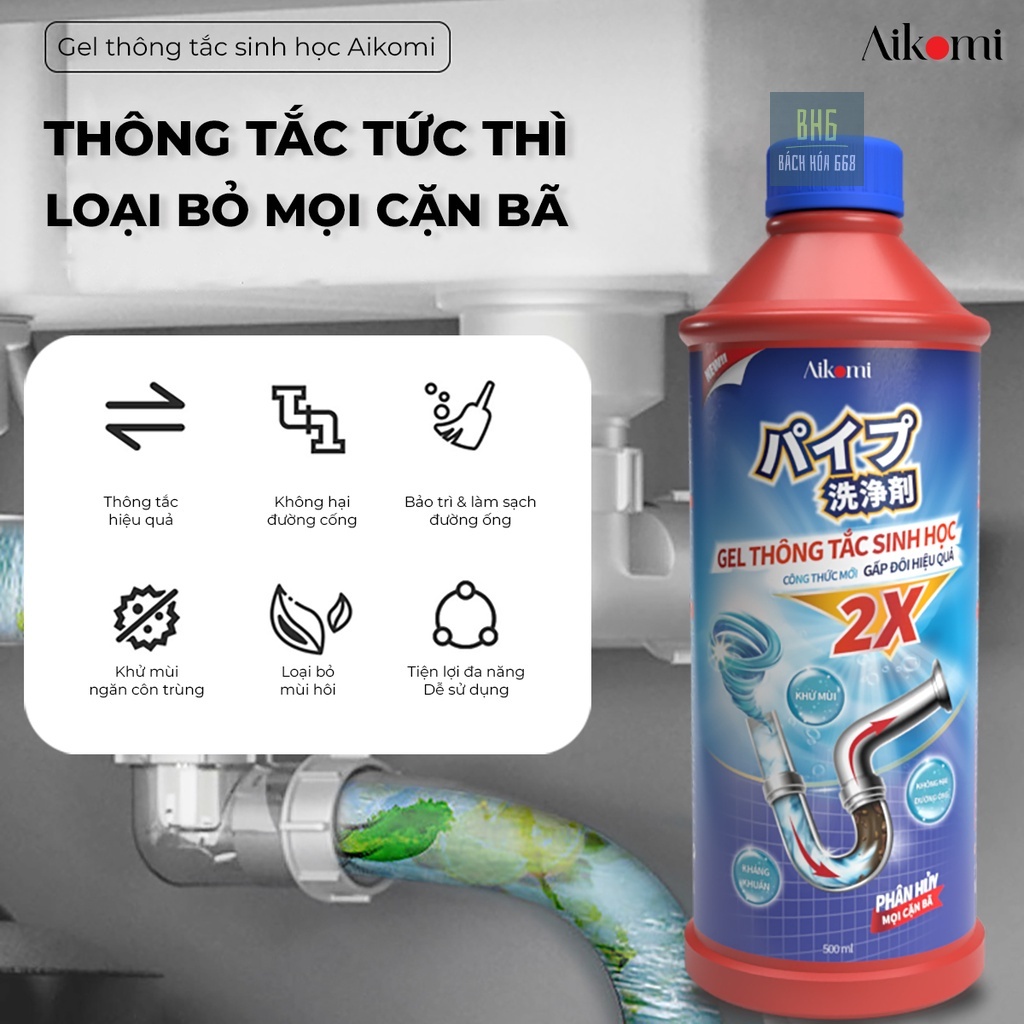 Gel thông tắc sinh học AIKOMI vệ sinh cống, làm sạch đường ống, chậu rửa bát, nhà vệ sinh