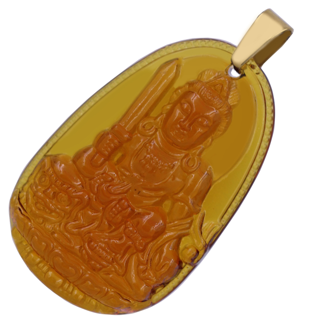 Mặt Phật Văn thù 5 cm  pha lê trà kèm móc và dây chuyền inox vàng, Mặt Phật bản mệnh