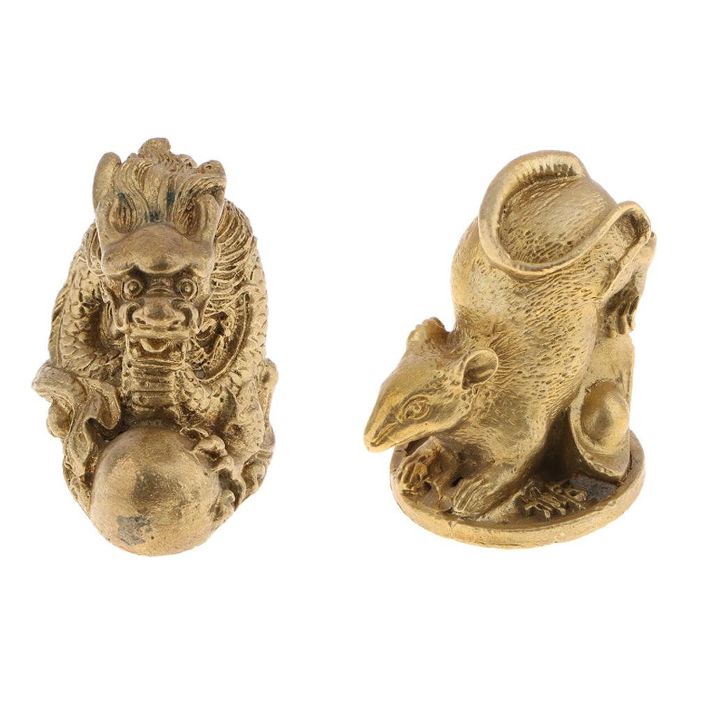 2 Xsolid Đồng Trung Quốc Cung Hoàng Đạo Động Vật Hình Vật Trang Trí May Mắn Tượng