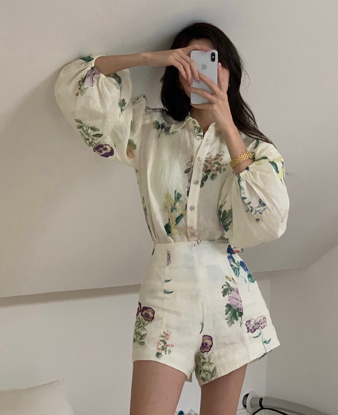 SET ÁO SƠ MI SUÔNG HOA FLORAL TAY DÀI BỒNG + QUẦN NGẮN LƯNG CAO ỐNG RỘNG SHORTS ĐI BIỂN DẠO PHỐ DỰ TIỆC