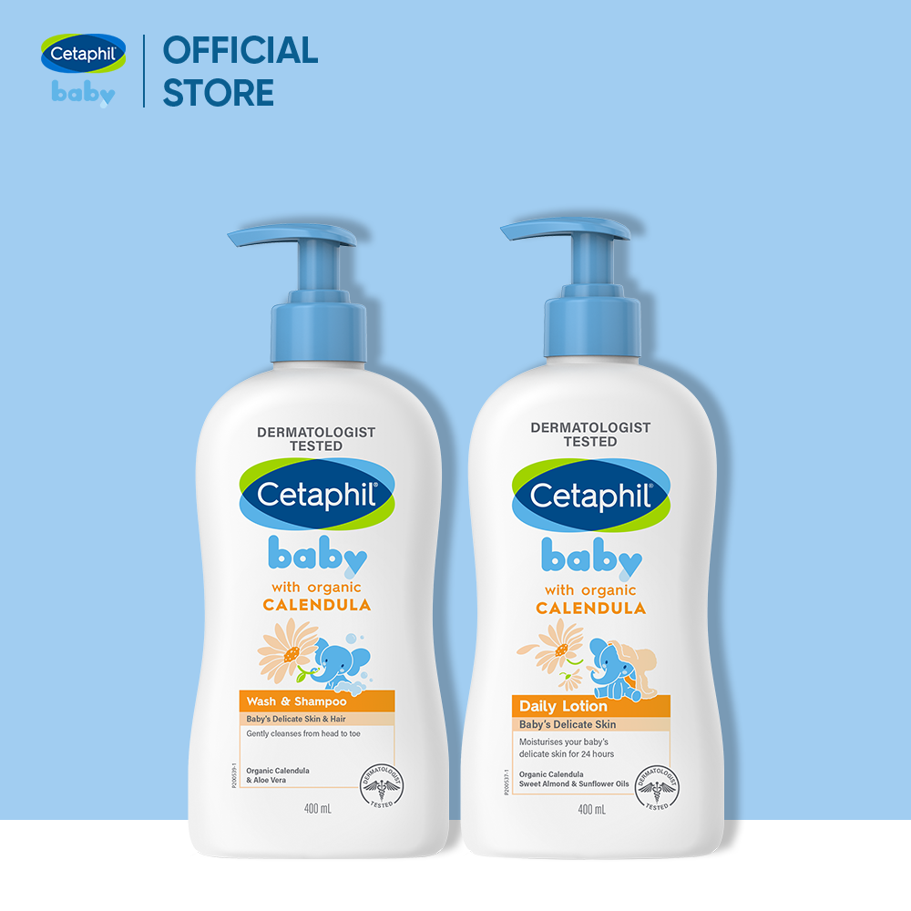 Combo Sữa tắm gội Cetaphil Baby W&S with Organic Calendula 400ml + Sữa dưỡng thể Cetaphil Baby with Organic Calendula 400ml