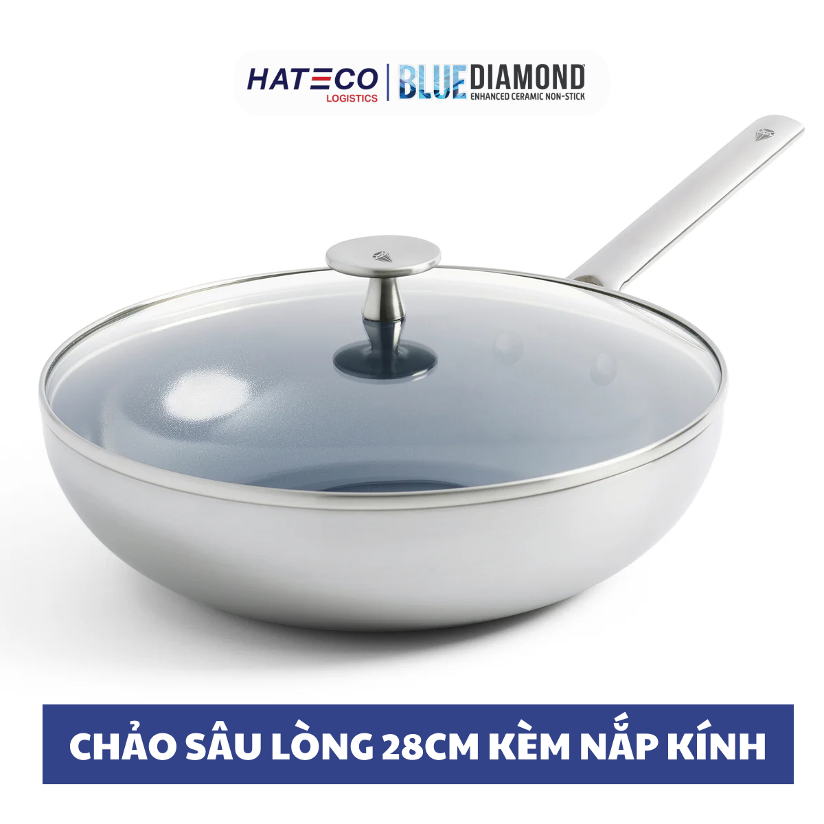 Chảo sâu lòng chống dính thép không gỉ phủ tinh thể kim cương cao cấp Blue Diamond 28cm có nắp kính