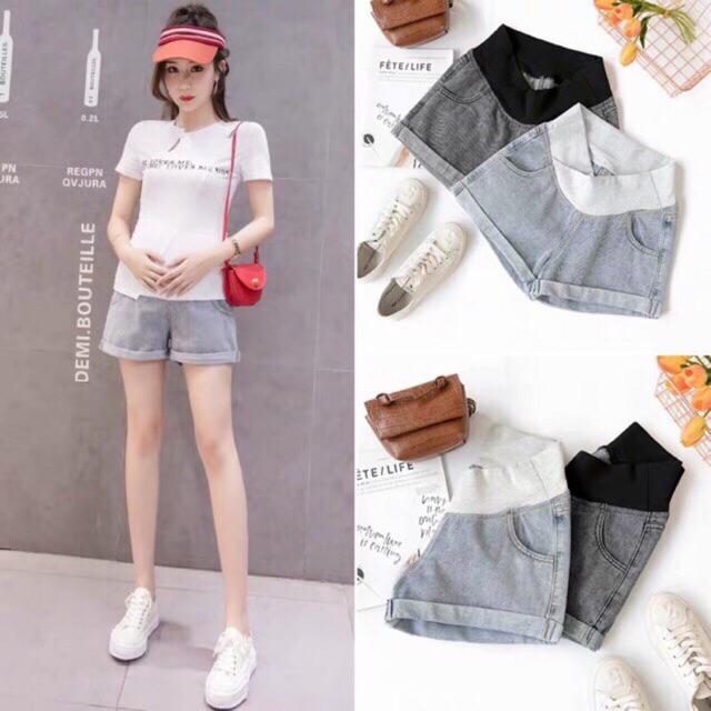 Quần short bầu denim gấp gấu-cạp thấp mẫu mới kèm ảnh thật