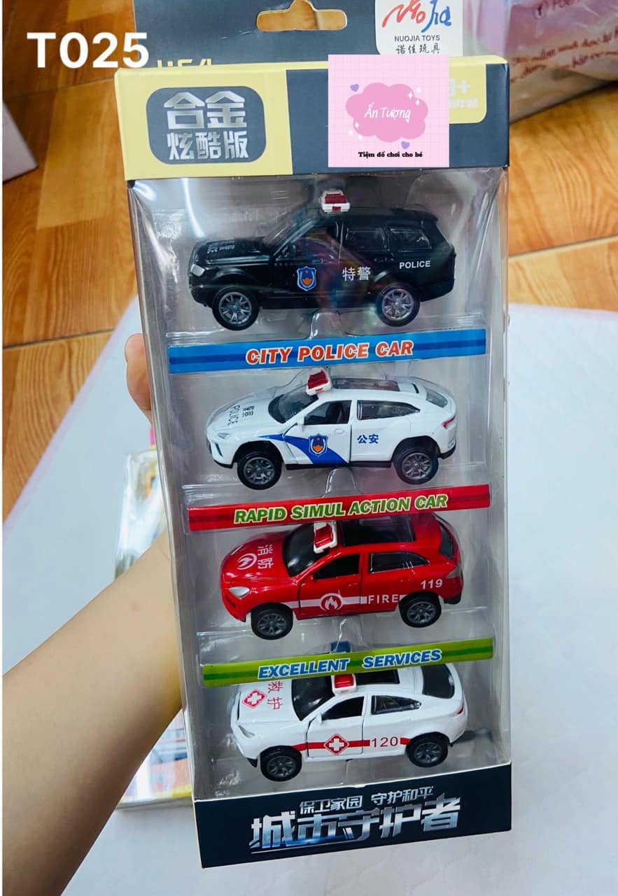 Set 4 xe ô tô cảnh sát, cứu thương, mở được cửa 2 bên đồ chơi an toàn cho bé