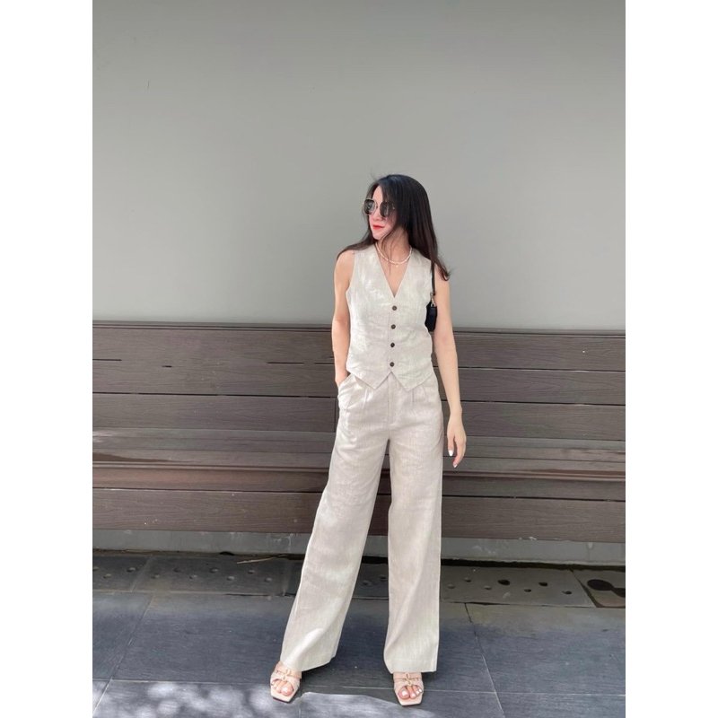 Set gile linen áo thiết kế vạt nhọn và quần dài ống rộng có túi, thời trang công sở thanh lịch, đi làm đi tiệc Bv10
