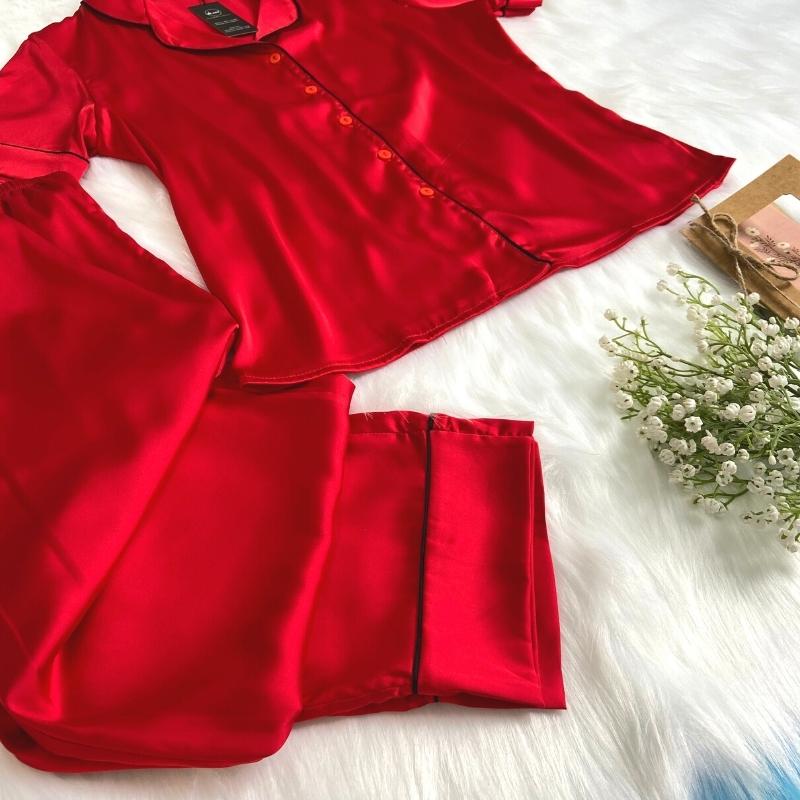 Đồ bộ pijama lụa, đồ mặc nhà nữ VILADY - B124 kiểu quần dài tay cộc họa tiết trơn, chất liệu lụa Pháp cao cấp - Màu đỏ